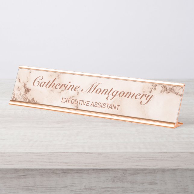 Modern Pink Marble Rose Gold Script Professional Desk Name Plate (Front)