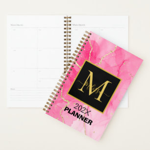 Modern Pink Marbled Black Monogram Name Planner