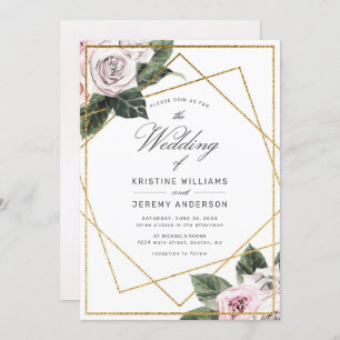 Modern Pink Mauve Rose Floral Gold Frame Wedding I Invitation
