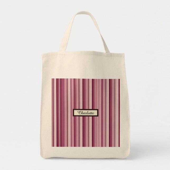 Modern Pink Mauve Striped Personalized Grocery  Tote Bag (Front)