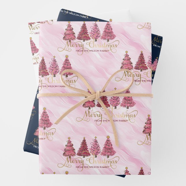 Modern Pink "Merry Christmas" From Your Family  Wrapping Paper Sheet (In situ)
