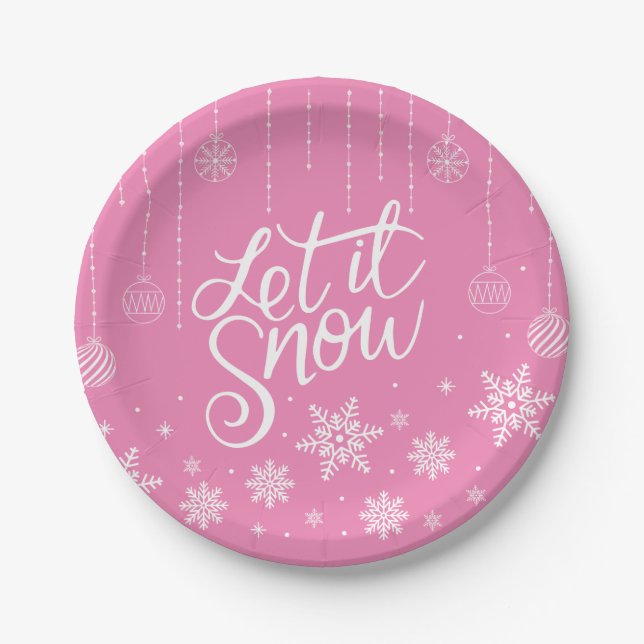 Modern Pink Merry Christmas Snowflakes Paper Plate (Front)
