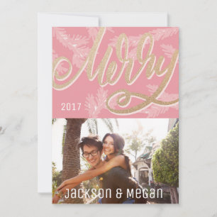 Modern Pink Merry Script Faux Gold Holiday Photo Card
