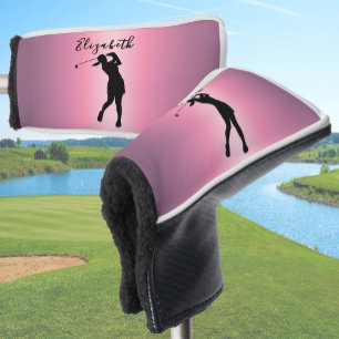 Modern Pink Metallic Look Lady Golfer Custom Name Golf Head Cover