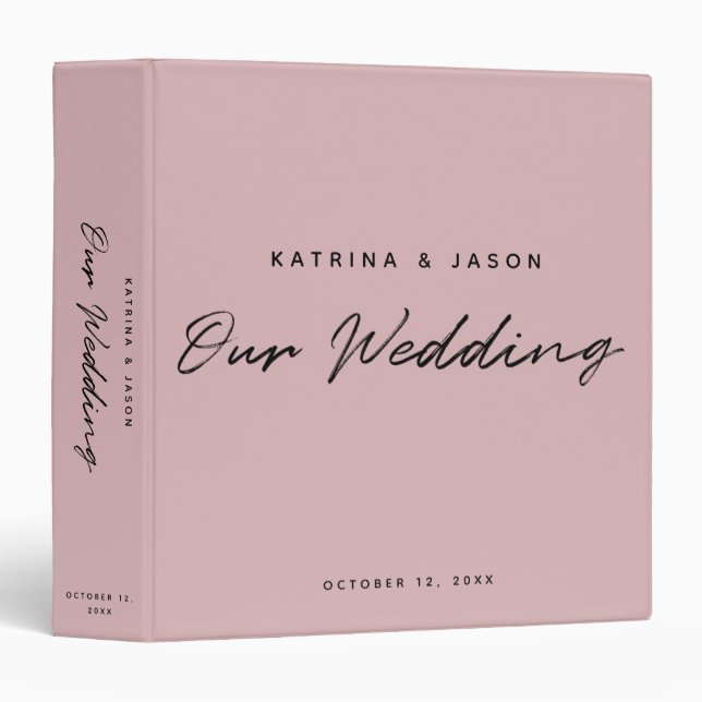 Modern Pink Minimalist Script Wedding Album Binder (Front/Spine)