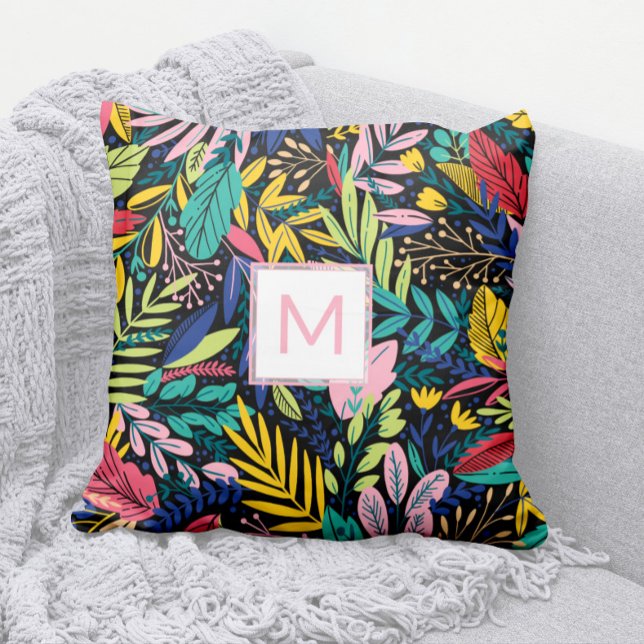 Modern Pink Monogram Colourful Leaves Line Art Throw Pillow (Modern Pink Monogram Pillow with Bright, Cheery, Colorful Leaves Pattern)