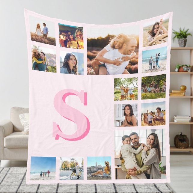Modern Pink Monogram Custom 15 Photo Collage Fleece Blanket (Creator Uploaded)