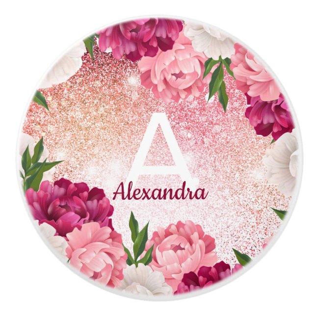 Modern Pink Monogram Glitter Floral Ceramic Knob (Front)