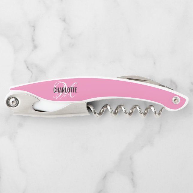 Modern pink monogram name waiter's corkscrew (Front)