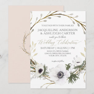 Modern Pink n White Twig Eucalyptus Wreath Wedding Invitation