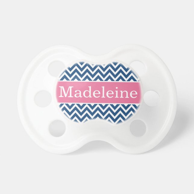 Modern Pink Navy Chevron Baby Girl Monogram Pacifier (Front)