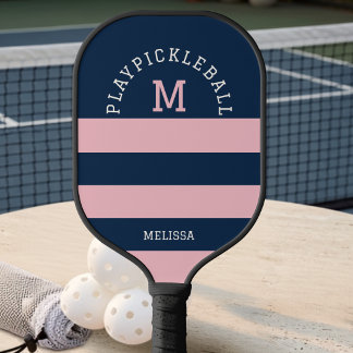 Modern Pink Navy Summer Coastal Stripes Monogram Pickleball Paddle