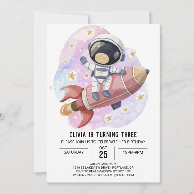 Modern Pink Odyssey Astronaut Birthday Invitation (Front)