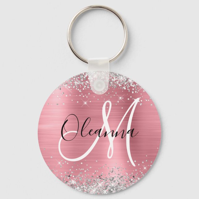 Modern Pink Ombre Foil Silver Glitter Monogram Keychain (Front)