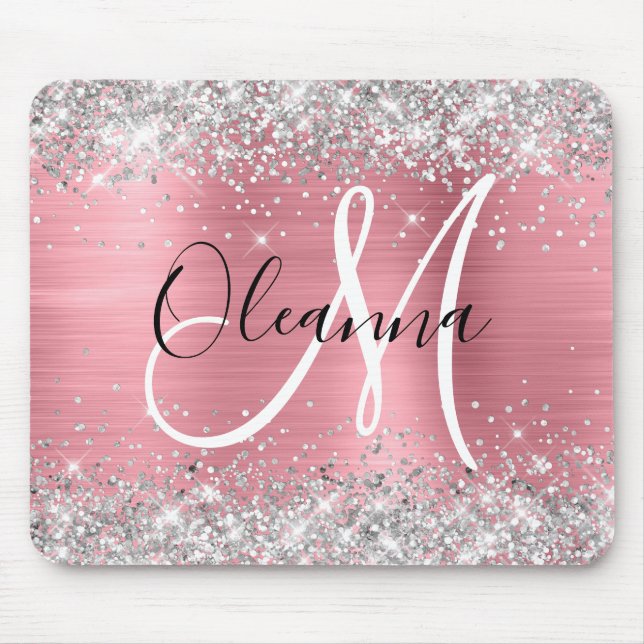 Modern Pink Ombre Foil Silver Glitter Monogram Mouse Pad (Front)