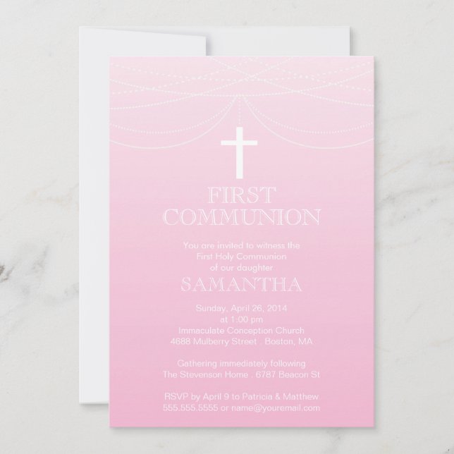 Modern Pink Ombre Garland Cross Communion Invitation (Front)