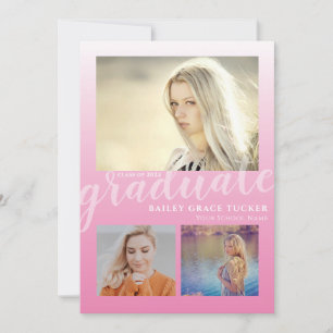 Modern Pink Ombre Graduate 3-photo Graduation Announcement