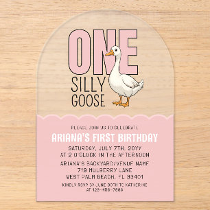 Modern Pink One Silly Goose 1st Birthday Party Acrylic Invitations