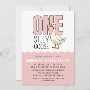 Modern Pink One Silly Goose 1st Birthday Party Invitation