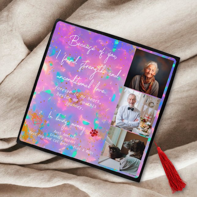Modern Pink Opal Personalized 3 Photo Memorial Graduation Cap Topper (Creator Uploaded)