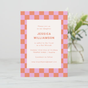 Modern Pink Orange Bat Mitzvah Party Chequerboard Invitation