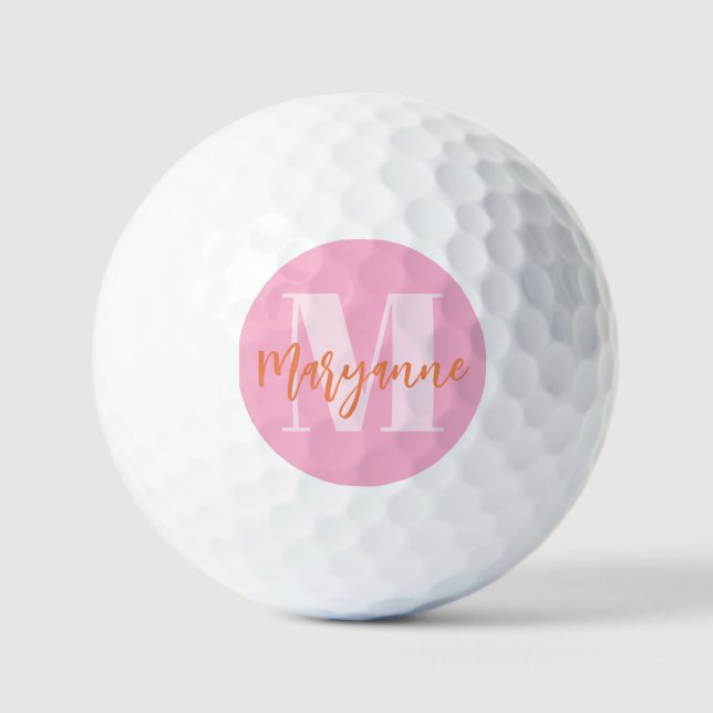 Modern Pink Orange BoId Initial Personalized Golf Balls (Front)