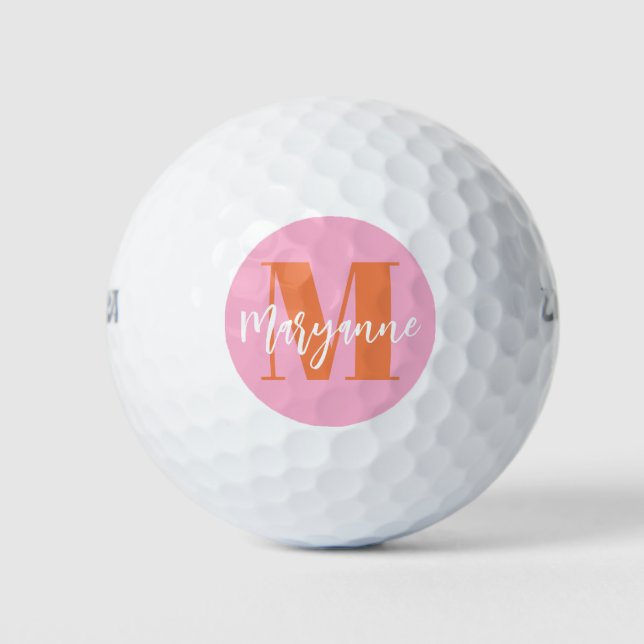 Modern Pink Orange BoId Initial Personalized Golf  Balls (Front)