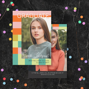 Modern Pink Orange Colour Blocks Photo Graduation Invitation