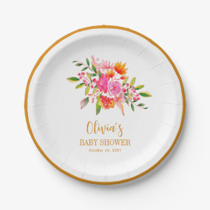 Modern Pink Orange Floral Baby Shower Custom Paper Plate