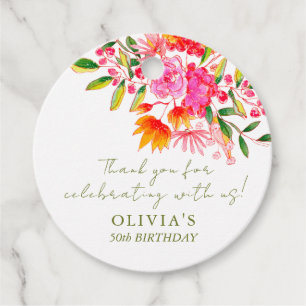 Modern Pink Orange Floral Custom Birthday Thanks Favour Tags