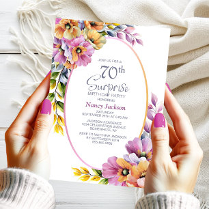 Modern Pink Orange Floral Surprise 70th Birthday Invitation