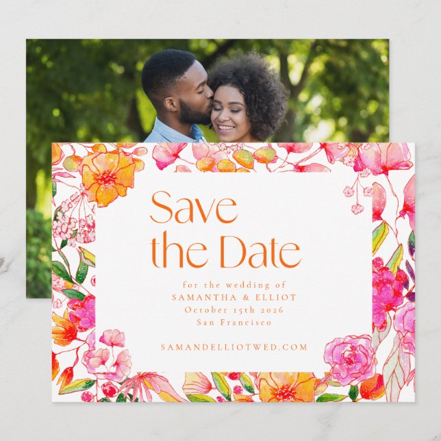Modern Pink Orange Flowers Wedding Photo Back Save The Date (Front/Back)