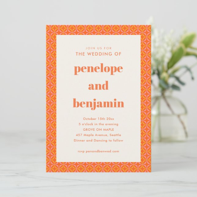 Modern Pink Orange Geometric Bold Retro Wedding  Invitation (Standing Front)