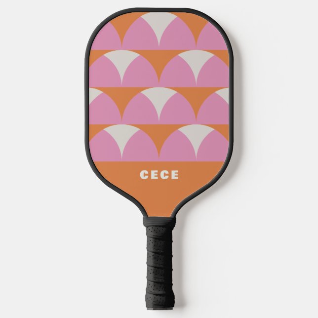 Modern pink orange geometric retro personalized  pickleball paddle (Front)