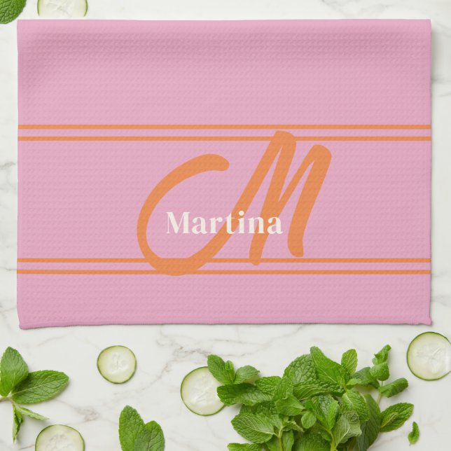 Modern Pink Orange Monogram Initial Kitchen Towel (Folded)