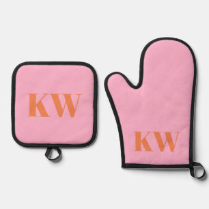 Modern Pink Orange Monogram Initials Personalized Oven Mitt & Pot Holder Set