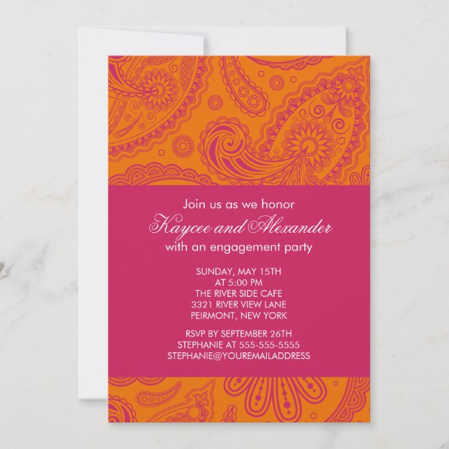 Modern Pink Orange Paisley Engagement Invitations (Front)