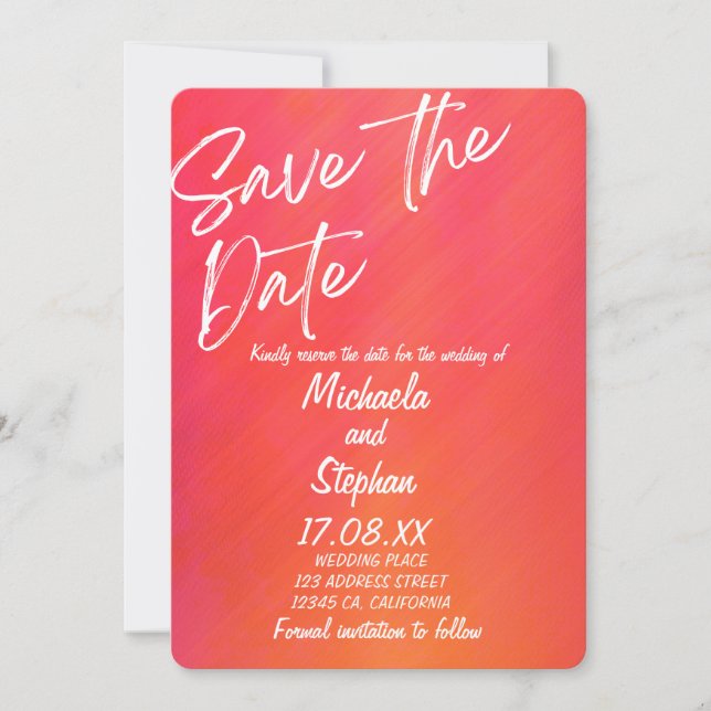 Modern Pink & Orange Sunset Wedding Invitation (Front)