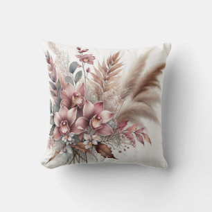 Modern pink orchid floral & tropical leaves  throw pillow