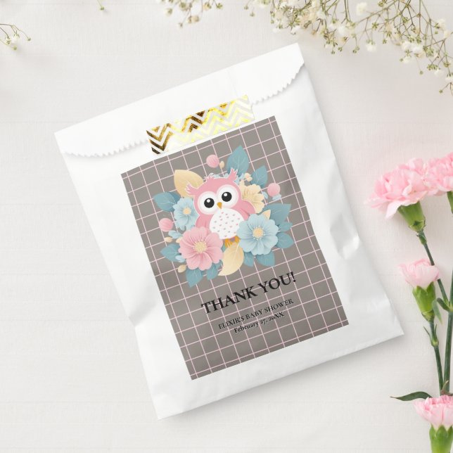Modern Pink Owl Floral & Grid Baby Shower Favour Bag (Sealed)