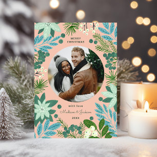 Modern Pink Pastels Floral Merry Christmas Photo Holiday Card