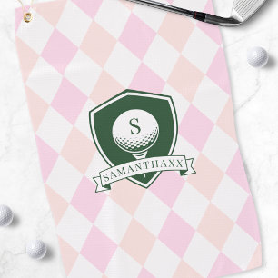 Modern Pink Pattern Green Golf Ball Name Monogram Towel