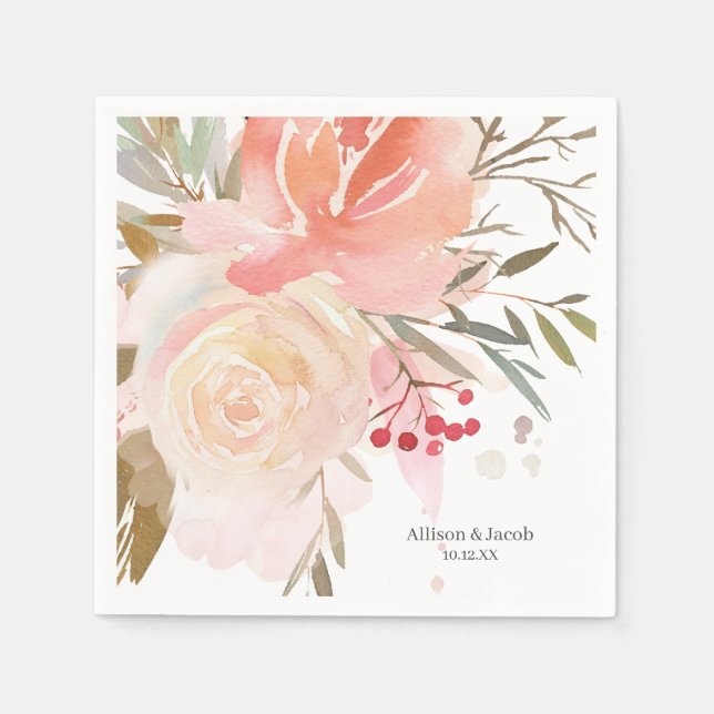 Modern Pink Peach Floral Wedding Napkins (Front)