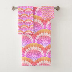 Modern Pink Peach Tropical Seashell Shell Beach Bath Towel Set