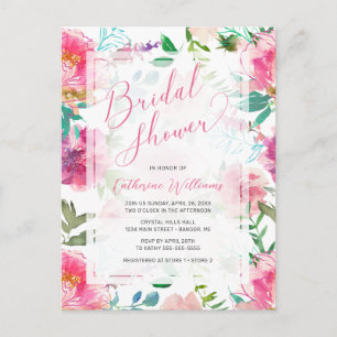 Modern Pink Peony Watercolor Floral Bridal Shower Invitation Postcard