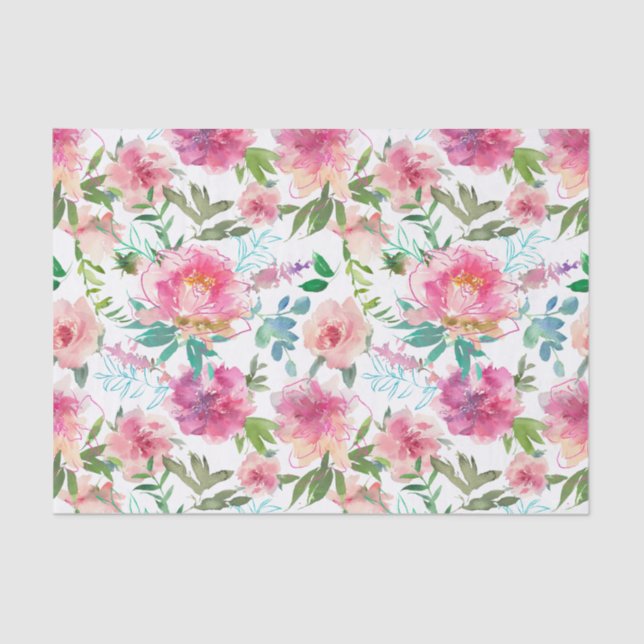 Modern Pink Peony Watercolor Floral Decoupage Tissue Paper (Front)