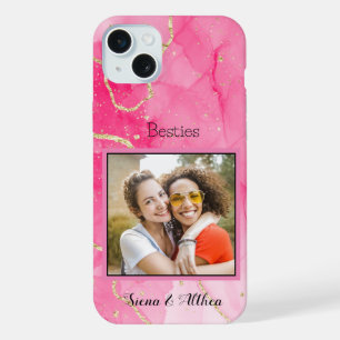 Modern pink Personalize Photo best friends iPhone 15 Plus Case