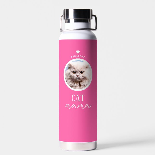 Modern Pink Personalized Cat Mama Custom Photo Water Bottle (Back)