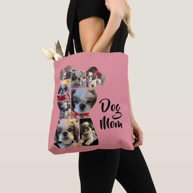 Modern Pink Personalized Dog Mom Photo Collage Tote Bag (Close Up)