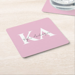 Modern Pink Personalized Monogram Name - Square Paper Coaster